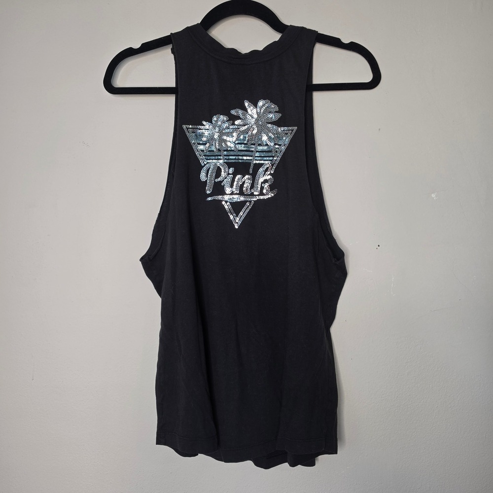 PINK Victoria's Secret Tank Top Women XS Black Sequin Palm Tree Muscle Graphic